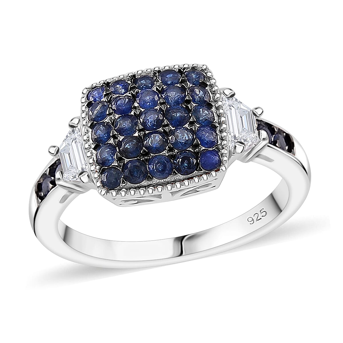 Kanchanaburi Blue Sapphire and White Topaz 2.00 ctw Cocktail Pendant and Ring (Size 6.0) in Rhodium Over Sterling Silver image number 2