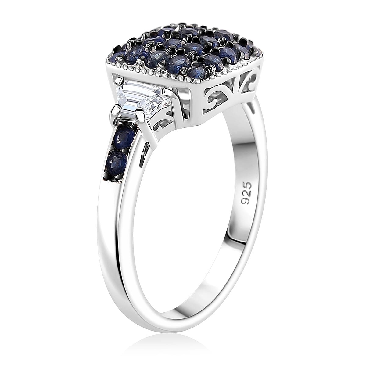 Kanchanaburi Blue Sapphire and White Topaz 2.00 ctw Cocktail Pendant and Ring (Size 6.0) in Rhodium Over Sterling Silver image number 3