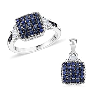 Kanchanaburi Blue Sapphire and White Topaz 2.00 ctw Cocktail Pendant without Chain and Ring (Size 9.0) in Rhodium Over Sterling Silver
