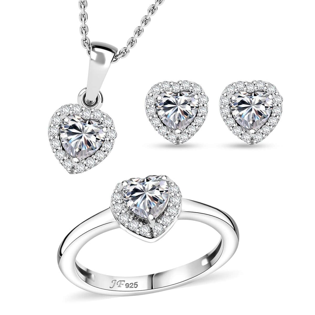 J Francis Embellished with Zirconia by Swarovski 4.00 ctw Heart Earrings, Ring (Size 5.0) and Pendant in Rhodium Over Sterling Silver with Stainless Steel Necklace 20 Inches image number 0