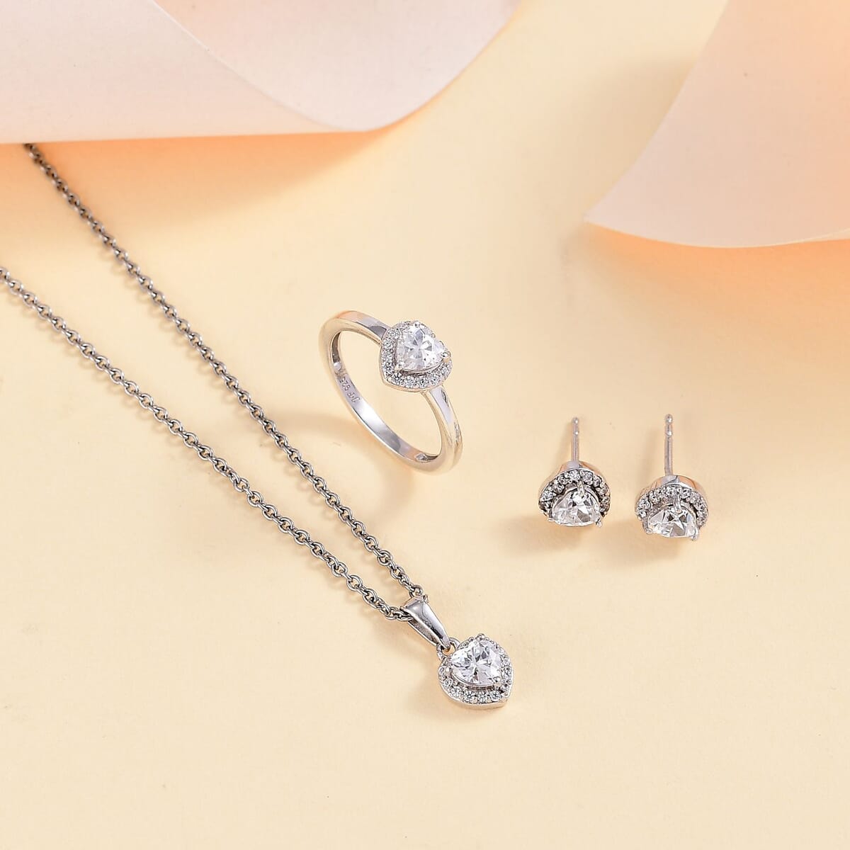 J Francis Embellished with Zirconia by Swarovski 4.00 ctw Heart Earrings, Ring (Size 7.0) and Pendant in Rhodium Over Sterling Silver with Stainless Steel Necklace 20 Inches image number 1