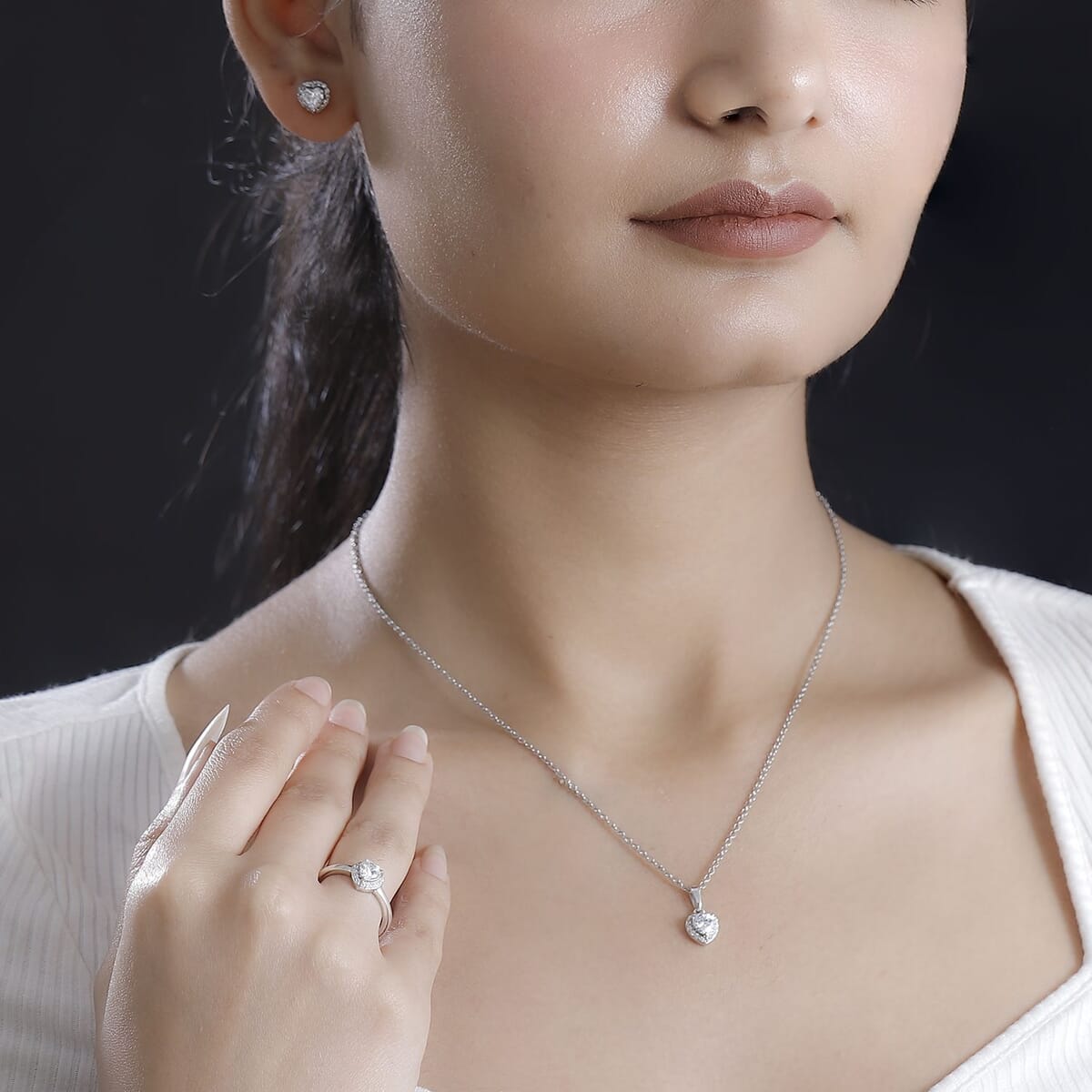 J Francis Embellished with Zirconia by Swarovski 4.00 ctw Heart Earrings, Ring (Size 7.0) and Pendant in Rhodium Over Sterling Silver with Stainless Steel Necklace 20 Inches image number 2