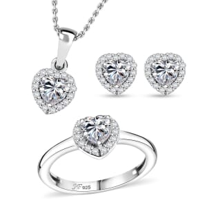 J Francis Embellished with Zirconia by Swarovski 4.00 ctw Heart Earrings, Ring (Size 9.0) and Pendant in Rhodium Over Sterling Silver with Stainless Steel Necklace 20 Inches