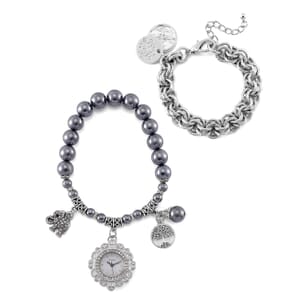 2pcs Set - Terahertz, Crystal Japanese Movement Beaded Stretch Bracelet Charm Watch and Silvertone Link Chain Bracelet with Coin Charm (8.0In) 50.00 ctw