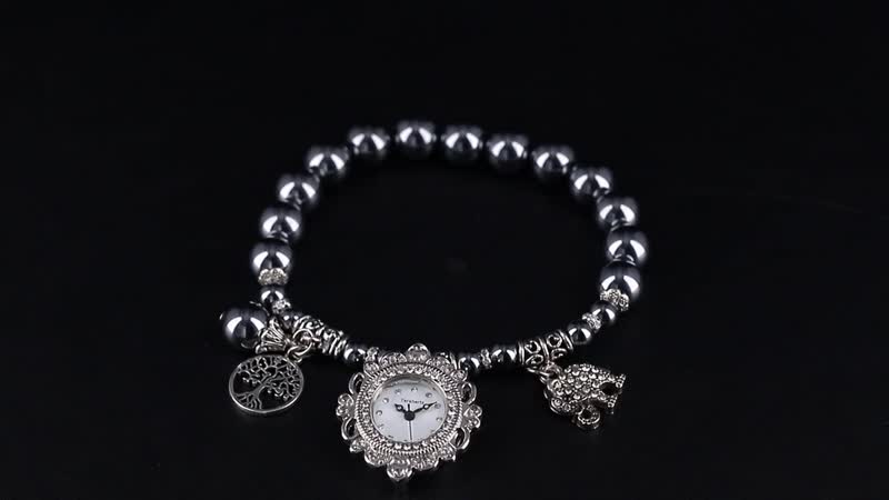 2pcs Set - Terahertz, Crystal Japanese Movement Beaded Stretch Bracelet Charm Watch and Silvertone Link Chain Bracelet with Coin Charm (8.0In) 50.00 ctw