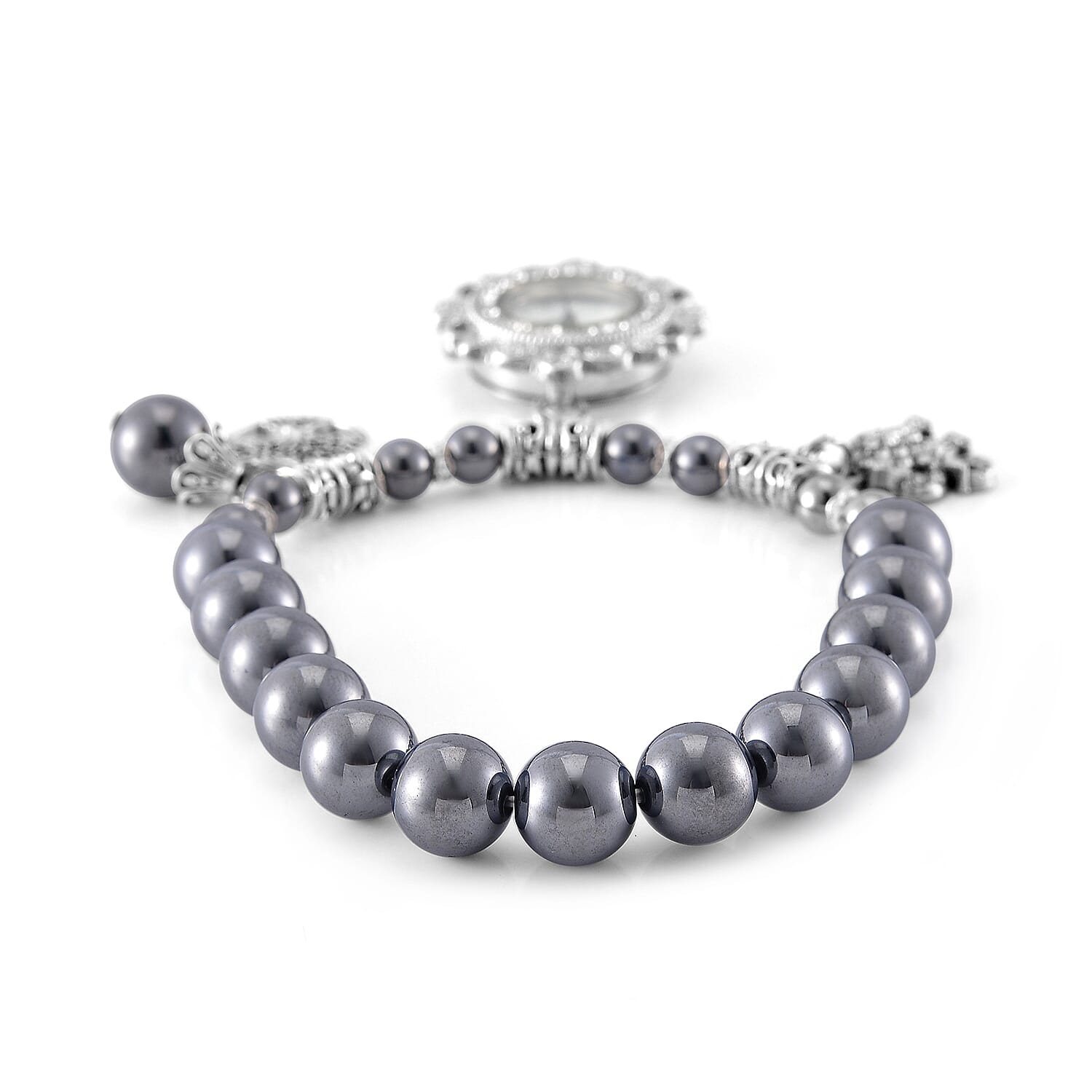 2pcs Set - Terahertz, Crystal Japanese Movement Beaded Stretch Bracelet Charm Watch 50.00 ctw