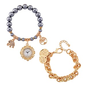 2pcs Set - Terahertz, Crystal Japanese Movement Beaded Stretch Bracelet Charm Watch and Goldtone Link Chain Bracelet with Coin Charm (8.0In) 50.00 ctw