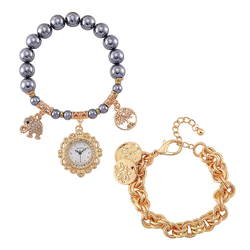 2pcs Set - Terahertz, Crystal Japanese Movement Beaded Stretch Bracelet Charm Watch and Goldtone Link Chain Bracelet with Coin Charm (8.0In) 50.00 ctw