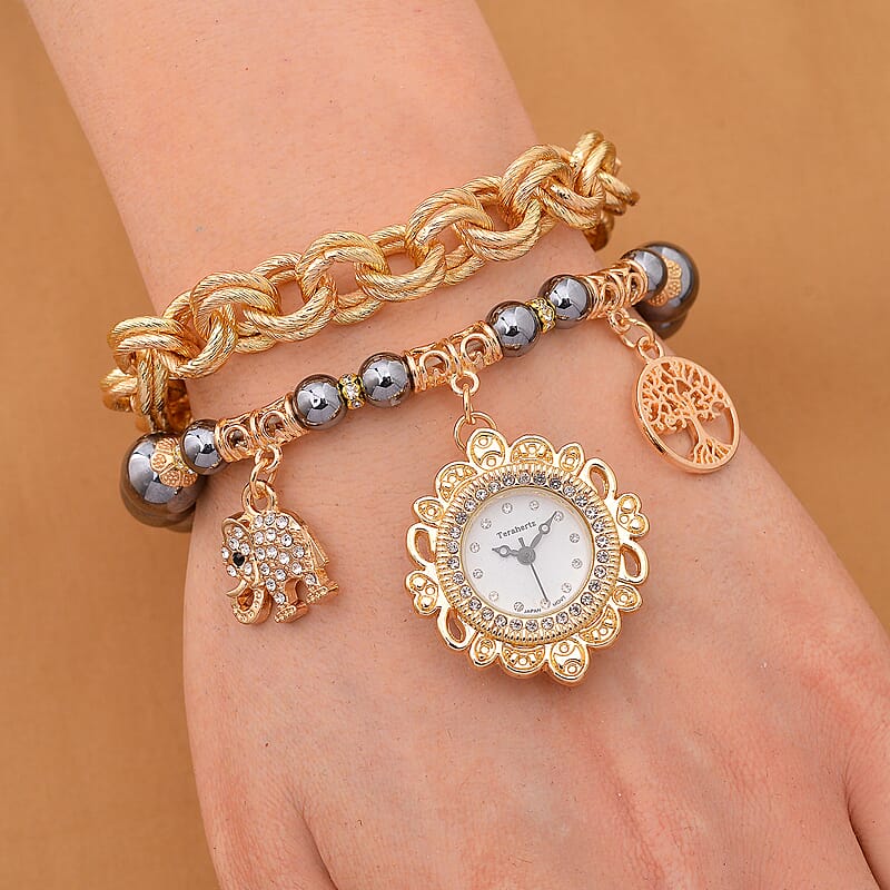 2pcs Set - Terahertz, Crystal Japanese Movement Beaded Stretch Bracelet Charm Watch and Goldtone Link Chain Bracelet with Coin Charm (8.0In) 50.00 ctw