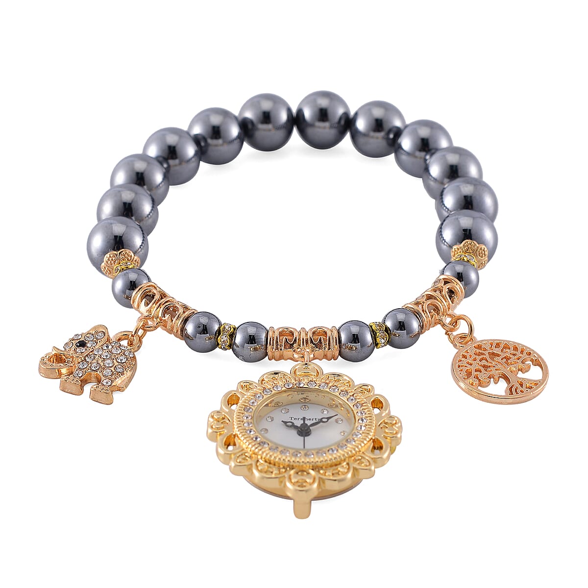 2pcs Set - Terahertz, Crystal Japanese Movement Beaded Stretch Bracelet Charm Watch and Goldtone Link Chain Bracelet with Coin Charm (8.0In) 50.00 ctw image number 2