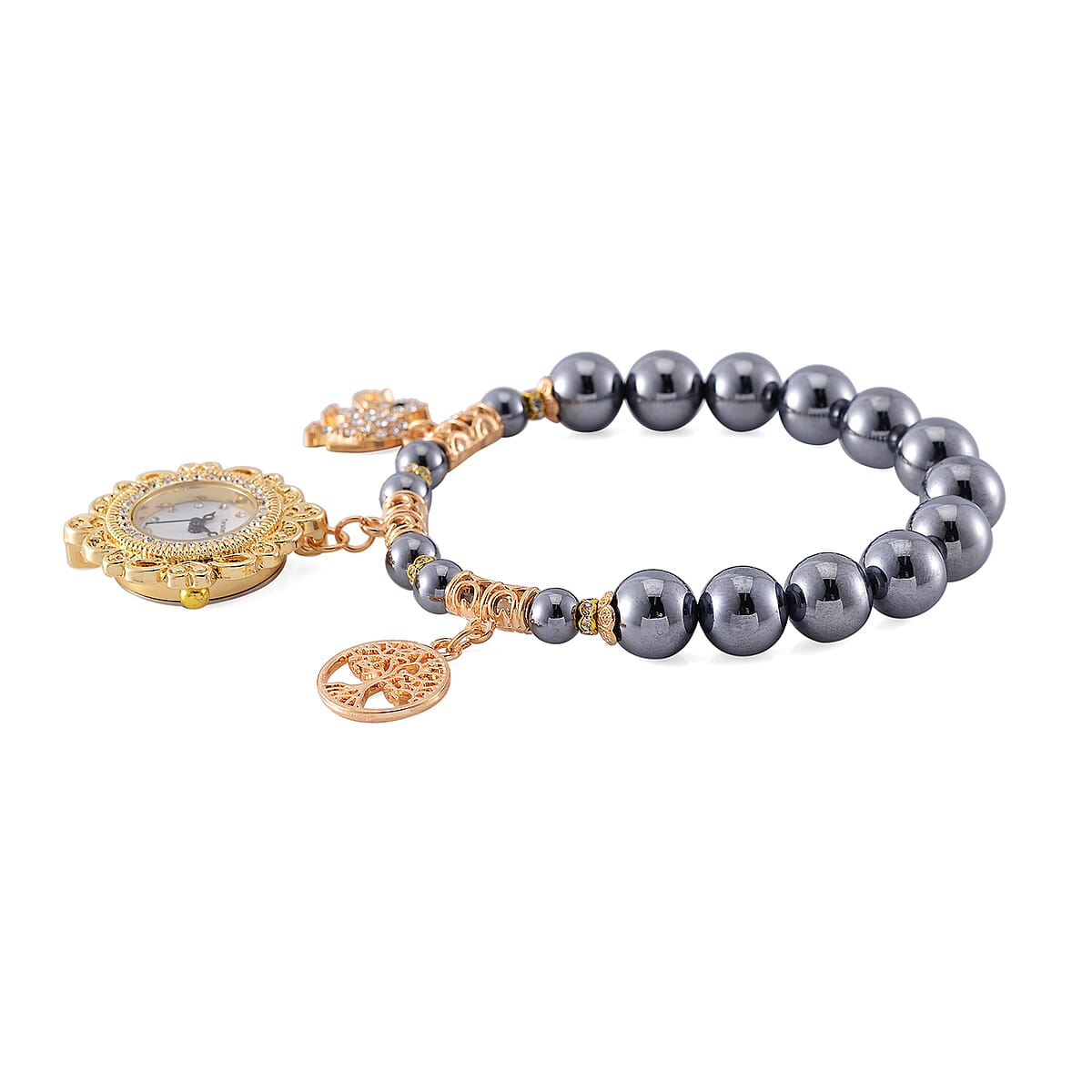 2pcs Set - Terahertz, Crystal Japanese Movement Beaded Stretch Bracelet Charm Watch and Goldtone Link Chain Bracelet with Coin Charm (8.0In) 50.00 ctw image number 3