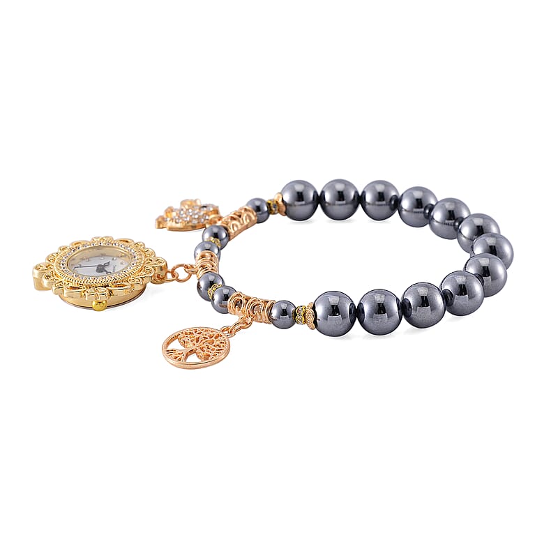 2pcs Set - Terahertz, Crystal Japanese Movement Beaded Stretch Bracelet Charm Watch and Goldtone Link Chain Bracelet with Coin Charm (8.0In) 50.00 ctw