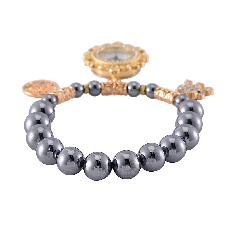 2pcs Set - Terahertz, Crystal Japanese Movement Beaded Stretch Bracelet Charm Watch and Goldtone Link Chain Bracelet with Coin Charm (8.0In) 50.00 ctw