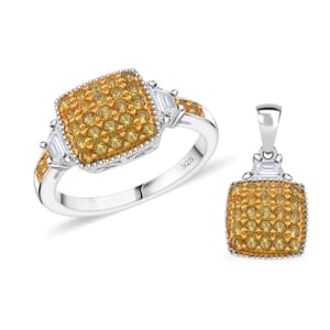 Madagascar Yellow Sapphire and White Topaz 2.20 ctw Cocktail Pendant without Chain and Ring (Size 6.0) in Rhodium Over Sterling Silver