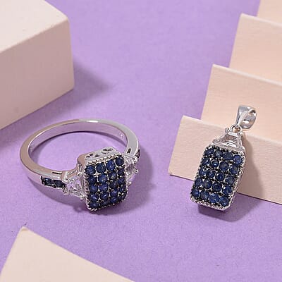 Kanchanaburi Blue Sapphire and White Topaz 1.90 ctw Cocktail Pendant without Chain and Ring (Size 6.0) in Rhodium Over Sterling Silver
