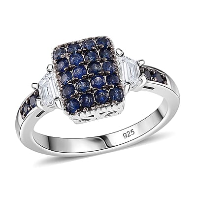 Kanchanaburi Blue Sapphire and White Topaz 1.90 ctw Cocktail Pendant without Chain and Ring (Size 6.0) in Rhodium Over Sterling Silver