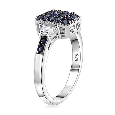 Kanchanaburi Blue Sapphire and White Topaz 1.90 ctw Cocktail Pendant without Chain and Ring (Size 6.0) in Rhodium Over Sterling Silver