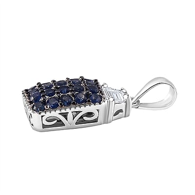 Kanchanaburi Blue Sapphire and White Topaz 1.90 ctw Cocktail Pendant without Chain and Ring (Size 6.0) in Rhodium Over Sterling Silver