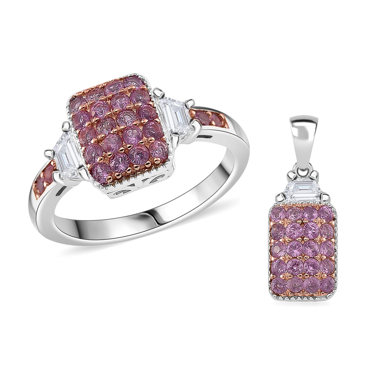 Madagascar Pink Sapphire and White Topaz 2.00 ctw Cocktail Pendant without Chain and Ring (Size 6.0) in Rhodium Over Sterling Silver image number 0