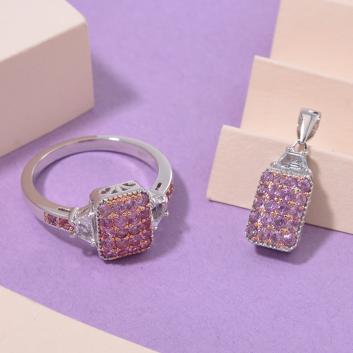 Madagascar Pink Sapphire and White Topaz 2.00 ctw Cocktail Pendant without Chain and Ring (Size 6.0) in Rhodium Over Sterling Silver image number 1