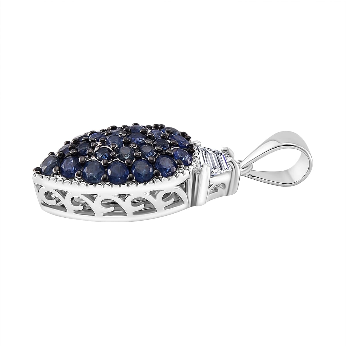 Kanchanaburi Blue Sapphire and White Topaz 1.85 ctw Cocktail Pendant and Ring (Size 6.0) in Rhodium Over Sterling Silver