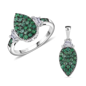 Kagem Zambian Emerald, White Topaz 1.65 ctw Cocktail Pendant without Chain and Ring (Size 6.0) in Rhodium Over Sterling Silver