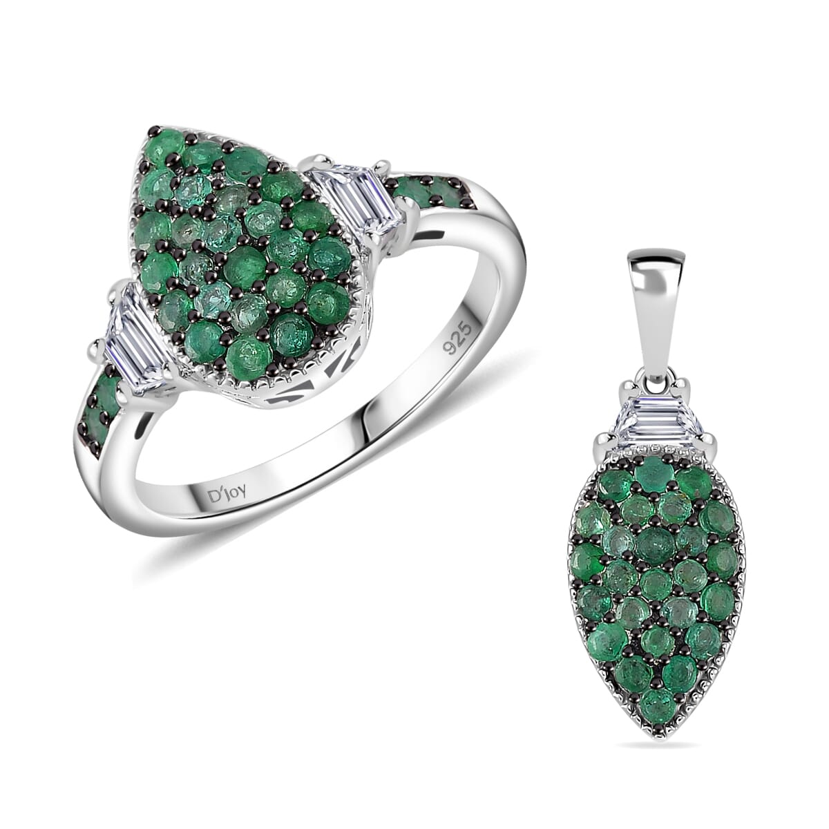 Kagem Zambian Emerald, White Topaz 1.65 ctw Cocktail Pendant without Chain and Ring (Size 7.0) in Rhodium Over Sterling Silver image number 0