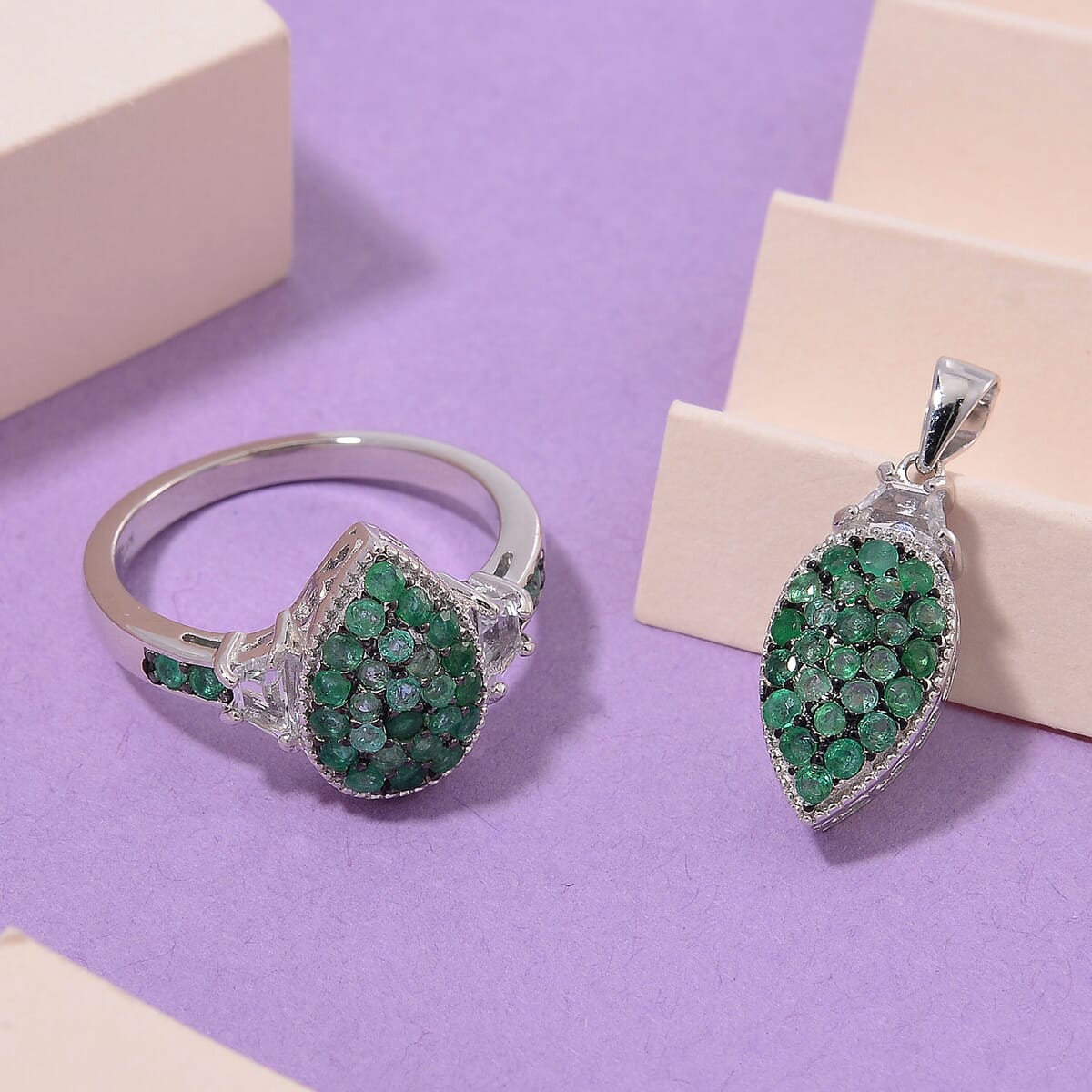 Kagem Zambian Emerald, White Topaz 1.65 ctw Cocktail Pendant without Chain and Ring (Size 7.0) in Rhodium Over Sterling Silver image number 1