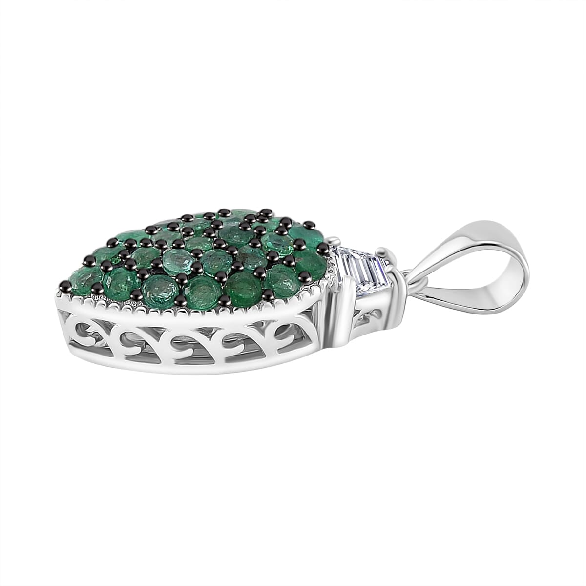 Kagem Zambian Emerald, White Topaz 1.65 ctw Cocktail Pendant without Chain and Ring (Size 7.0) in Rhodium Over Sterling Silver image number 6