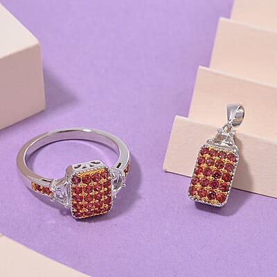 Madagascar Orange Sapphire and White Topaz 1.85 ctw Cocktail Pendant without Chain and Ring (Size 8.0) in Rhodium Over Sterling Silver