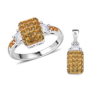 Madagascar Yellow Sapphire and White Topaz 1.75 ctw Cocktail Pendant without Chain and Ring (Size 9.0) in Rhodium Over Sterling Silver