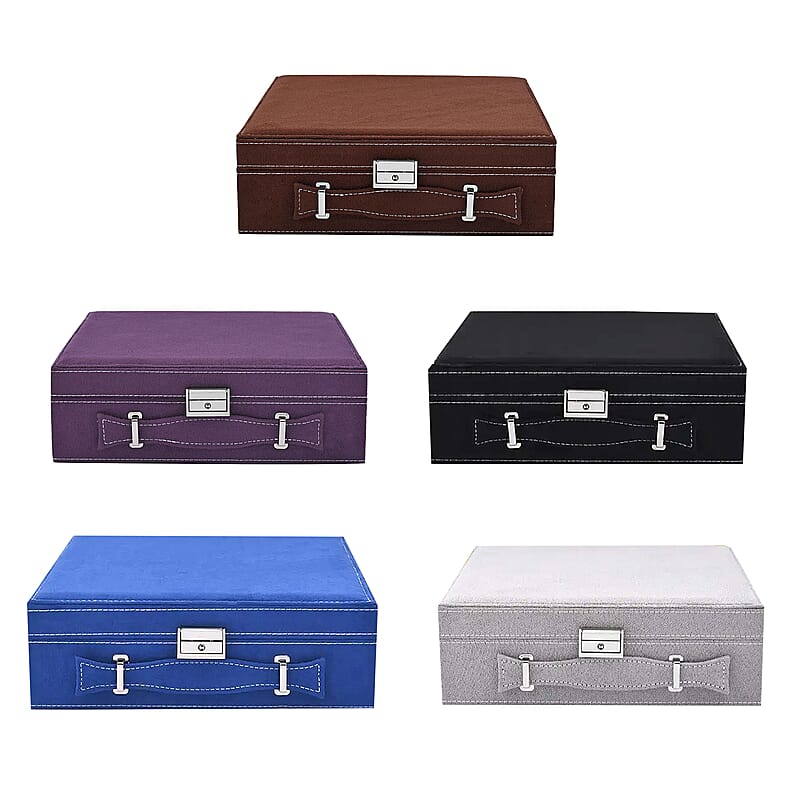 Set of 5 Multi Color Faux Velvet Briefcase Style 2-Tier Jewelry Box Anti-Tarnish Scratch Protection Holds Approx 60 Rings