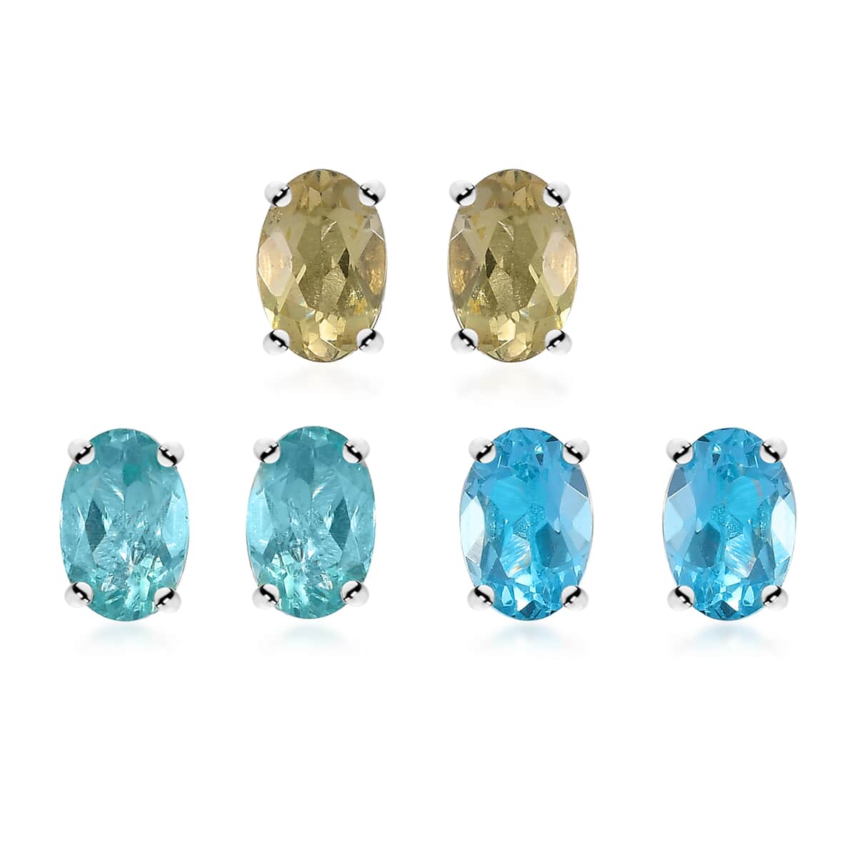 Set of 3 Madagascar Lagoon and Yellow Apatite, Betroka Blue Apatite 2.90 ctw Solitaire Stud Earrings in Rhodium Over Sterling Silver image number 0