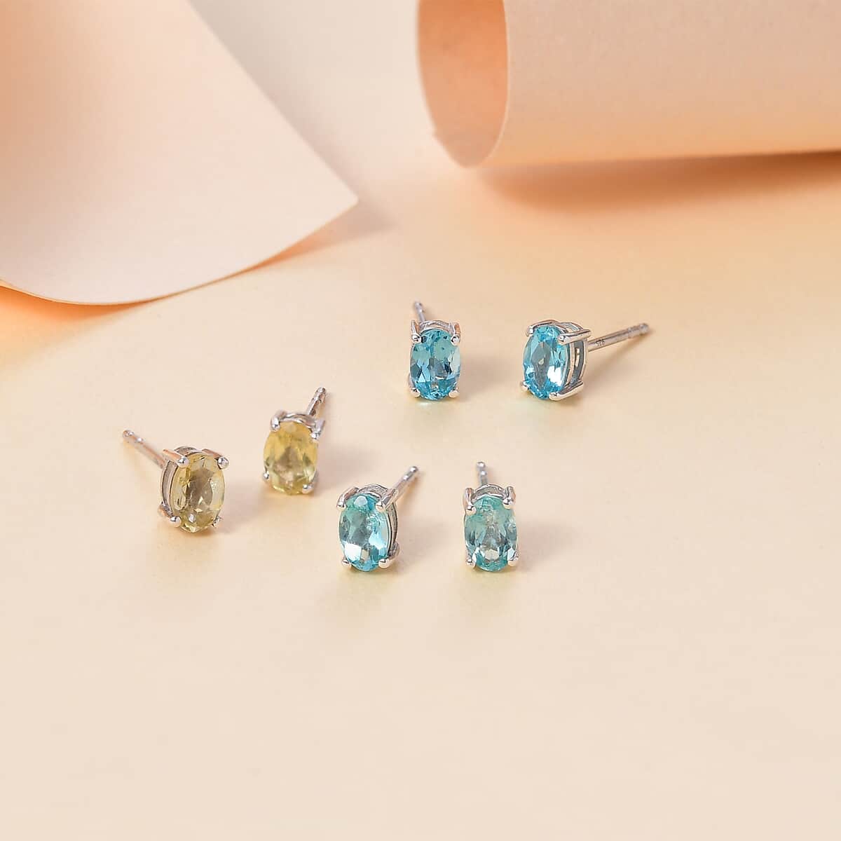 Set of 3 Madagascar Lagoon and Yellow Apatite, Betroka Blue Apatite 2.90 ctw Solitaire Stud Earrings in Rhodium Over Sterling Silver image number 1