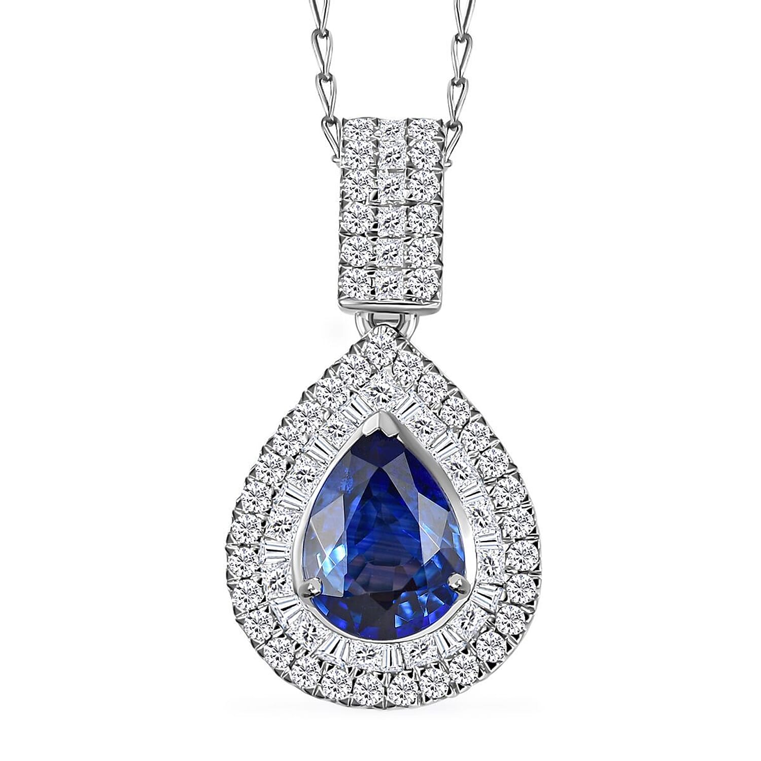 Certified & Appraised Rhapsody AAAA Ceylon Blue Sapphire and E-F VS Diamond 3.00 ctw Pendant Necklace in 950 Platinum 4.30 Grams