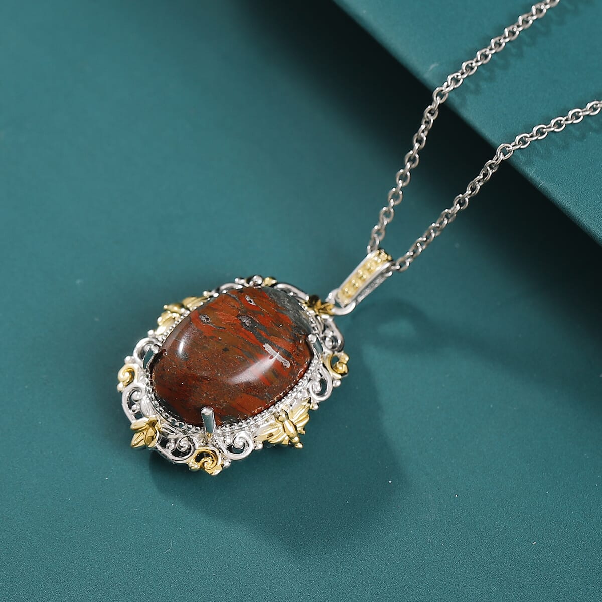 Karis Poppy Jasper 11.50 ctw Pendant in 18K YG Plated and Platinum Bond with Stainless Steel Necklace 20 Inches image number 1