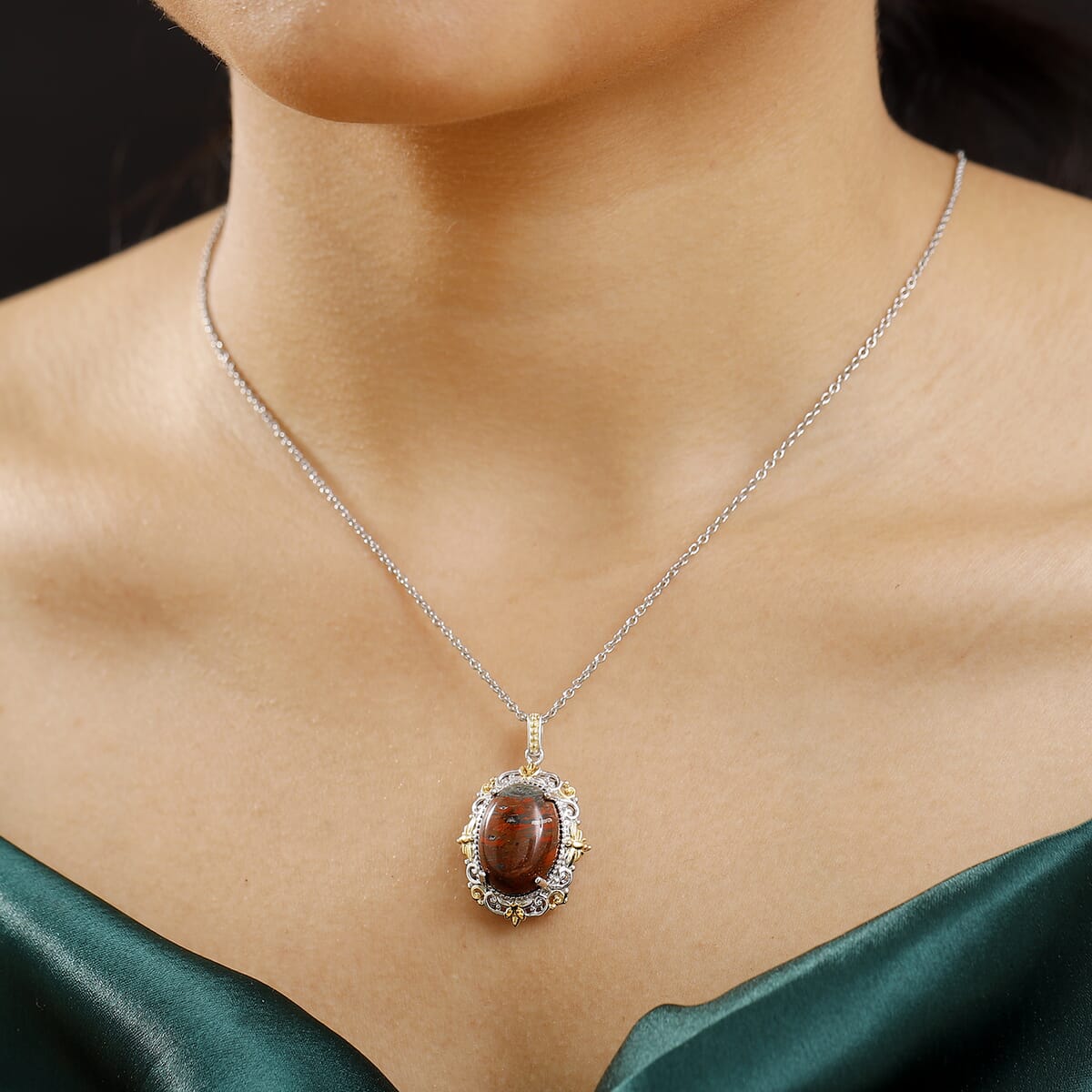 Karis Poppy Jasper 11.50 ctw Pendant in 18K YG Plated and Platinum Bond with Stainless Steel Necklace 20 Inches image number 2