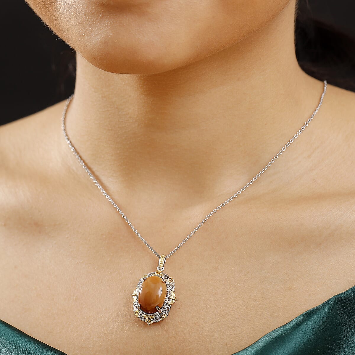 Karis Oregon Chocolate Caramel Opal 7.80 ctw Pendant in 18K YG Plated and Platinum Bond with Stainless steel Necklace 20 Inches image number 2