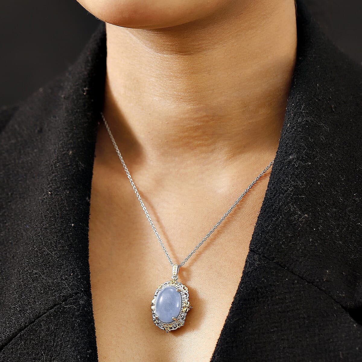 Karis Mexican Angelite 11.20 ctw Pendant in 18K YG Plated and Platinum Bond with Stainless Steel Necklace 20 Inches image number 2