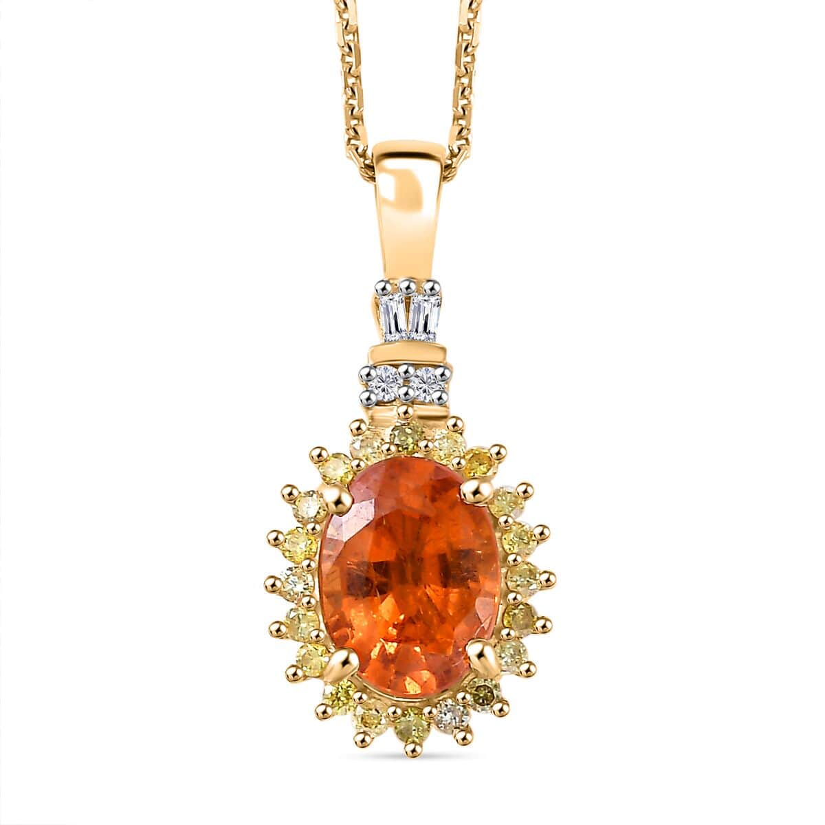 Luxoro AAA Fanta Garnet, Natural Yellow and White Diamond 1.85 ctw Sunburst Pendant Necklace in 14K Yellow Gold 18 Inches image number 0