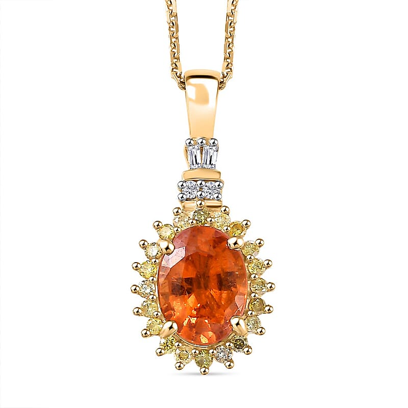 Luxoro AAA Mandarin Garnet, Natural Yellow and White Diamond 1.85 ctw Sunburst Pendant Necklace in 14K Yellow Gold 18 Inches