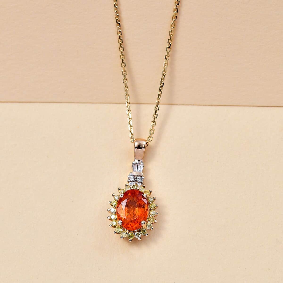 Luxoro AAA Fanta Garnet, Natural Yellow and White Diamond 1.85 ctw Sunburst Pendant Necklace in 14K Yellow Gold 18 Inches image number 1