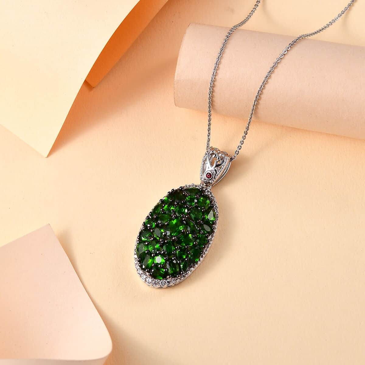 Chrome Diopside and Multi Gemstone 6.40 ctw Eternal Bloom Pendant Necklace in Rhodium Over Sterling Silver 20 Inches image number 1