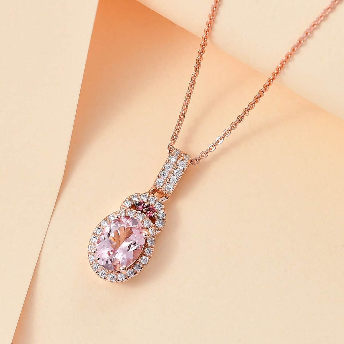 Doorbuster Premium Pink Morganite and Multi Gemstone 1.50 ctw Rosy Halo Pendant Necklace in 18K Vermeil Rose Gold Over Sterling Silver 20 Inches image number 1