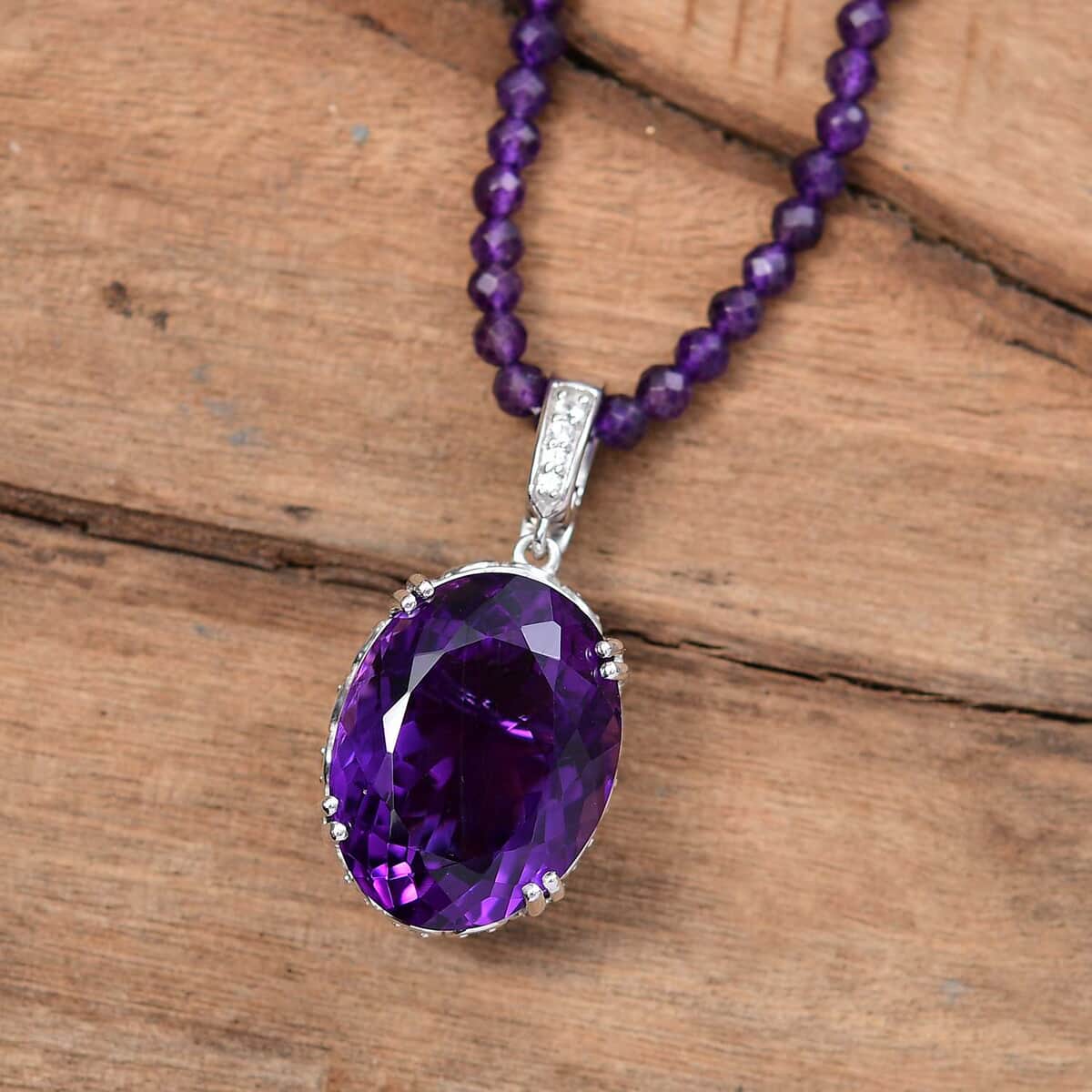 Doorbuster African Amethyst and White Zircon 74.85 ctw Majesty Pendant with Beaded Necklace in Rhodium Over Sterling Silver 20 Inches image number 1