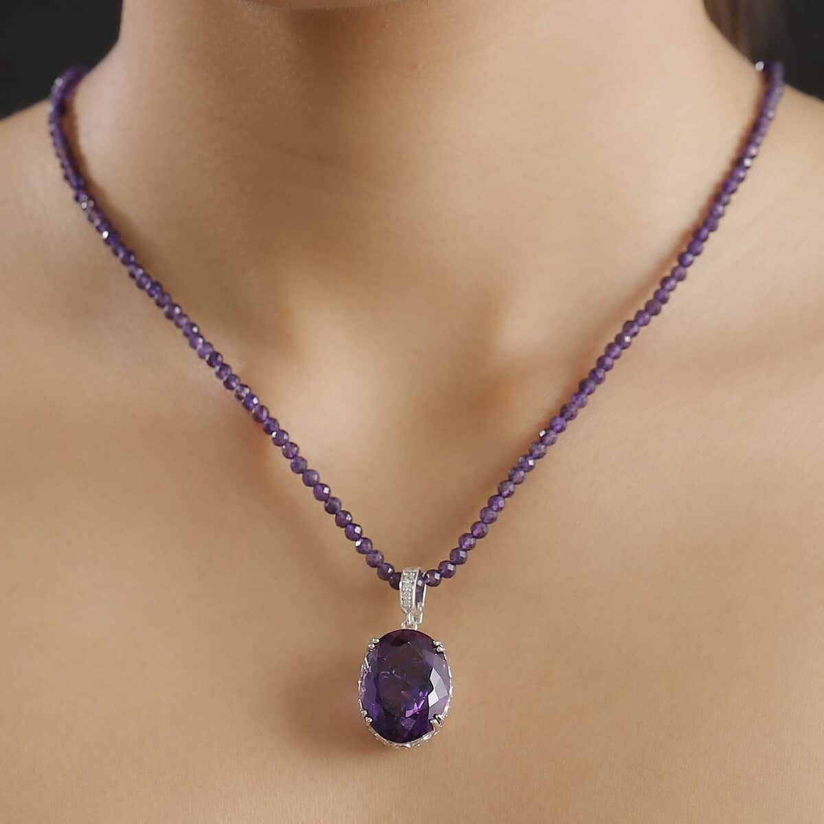 Doorbuster African Amethyst and White Zircon 74.85 ctw Majesty Pendant with Beaded Necklace in Rhodium Over Sterling Silver 20 Inches image number 2