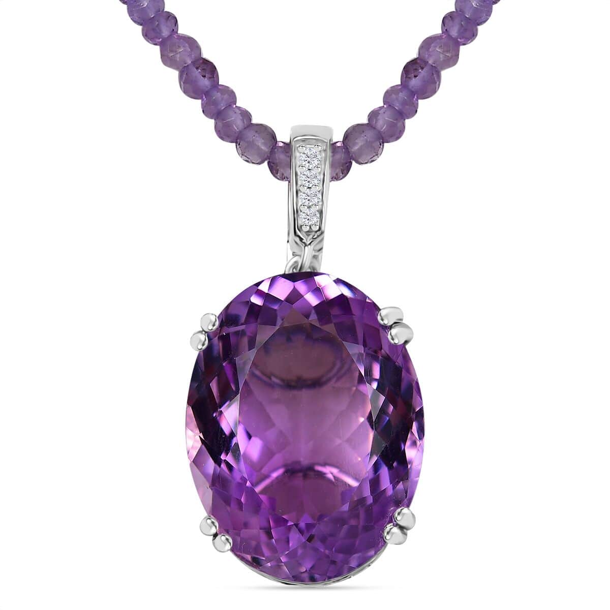 Rose De France Amethyst and White Zircon 112.90 ctw Majesty Pendant with Beaded Necklace in Rhodium Over Sterling Silver 20 Inches image number 0