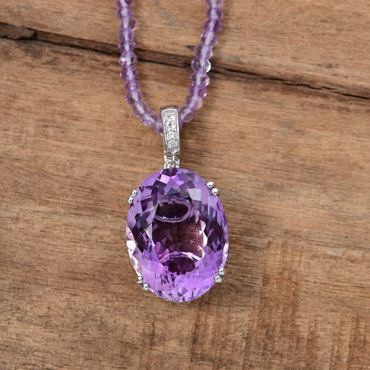 Rose De France Amethyst and White Zircon 112.90 ctw Majesty Pendant with Beaded Necklace in Rhodium Over Sterling Silver 20 Inches image number 1