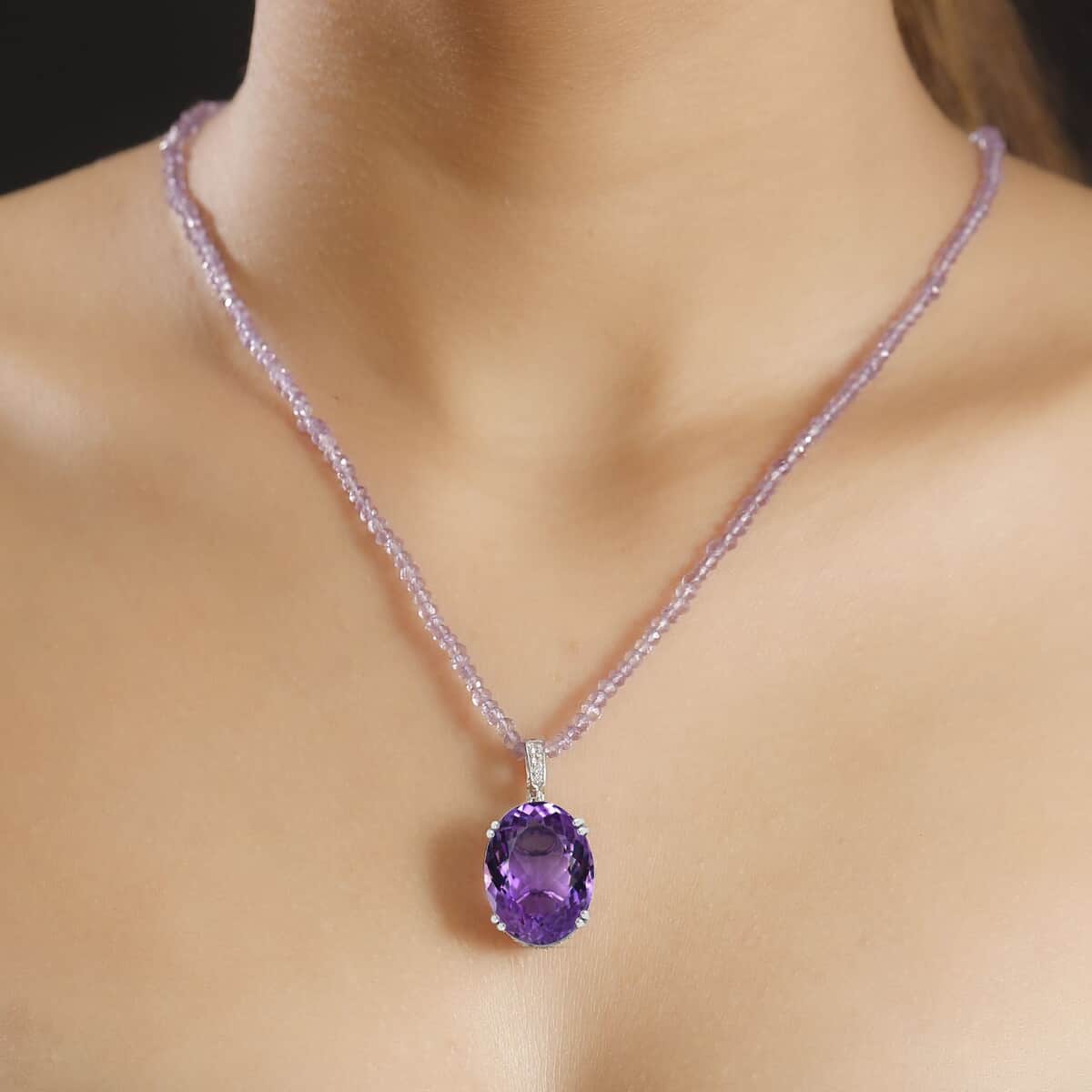 Rose De France Amethyst and White Zircon 112.90 ctw Majesty Pendant with Beaded Necklace in Rhodium Over Sterling Silver 20 Inches image number 2