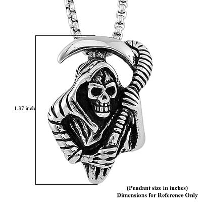 Grim Reaper Pendant Necklace in Black Oxidized and Stainless Steel 24 Inches